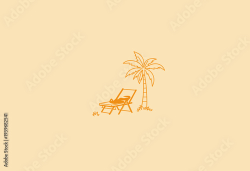 Minimalist Illustration of a Relaxing Beach Scene Featuring a Palm Tree and Sunlounger on a Serene Sandy Background Evoking Relaxation and Tranquility