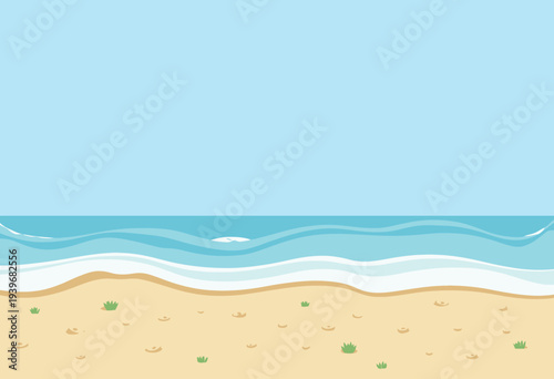 Serene Coastal Landscape with Gentle Waves Lapping Onto a Sandy Shoreline Under a Clear Blue Sky in a Minimalist Artistic Style