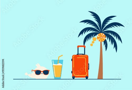 Illustration of a Palm Tree with Suitcase, Sunglasses, Drink, and Cloud on a Light Background Representing Travel, Vacation, and Relaxation Concepts