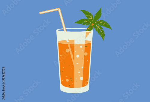 Illustration of a Refreshing Fruit Beverage in a Tall Glass with a Straw and Garnished with a Palm Tree Leaf on a Vibrant Blue Background