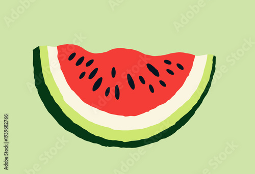 A vibrant illustration of a watermelon slice with a rich red interior and contrasting dark seeds, enclosed by distinct shades of green rind on a pastel background