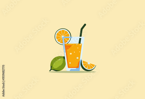 Refreshing Citrus Juice in a Glass with Straw Surrounded by Vibrant Oranges and Fresh Limes on a Light Background