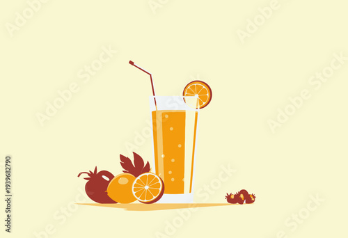Refreshing citrus beverage surrounded by fresh fruits, featuring vibrant lemons, juicy mangoes, ripe tomatoes, and sweet strawberries on a light background.