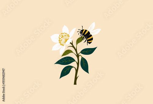 Illustration of a Bee Hovering Over a White Flower with Green Leaves on a Light Beige Background Symbolizing Nature and Pollination
