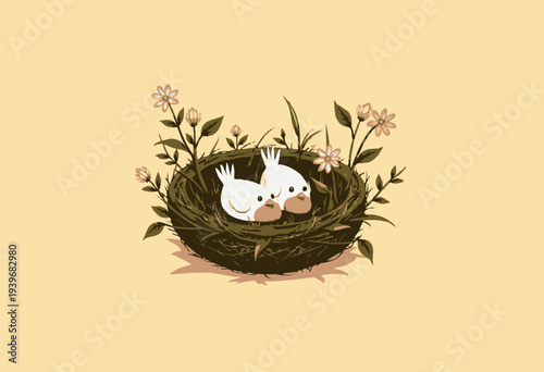 Adorable Pair of Lovebirds Resting Peacefully in a Rustic Woven Nest Surrounded by Delicate Flowers and Verdant Greenery on a Serene Background