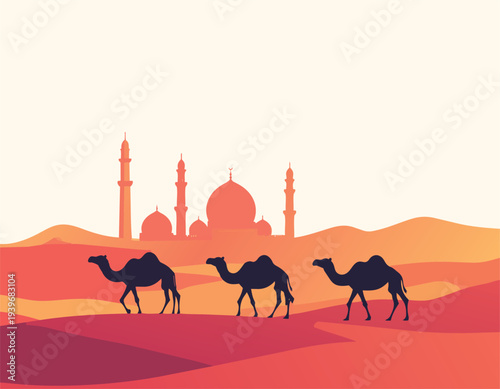 A silhouette of a camel caravan travels across the wild Sahara desert dunes under a sunset sky in this Egyptian landscape illustration vector