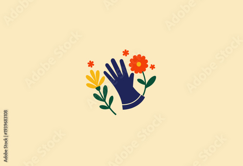 Vibrant Illustration of a Gardening Glove with Blossoming Flowers Symbolizing Springtime Gardening and Horticultural Care