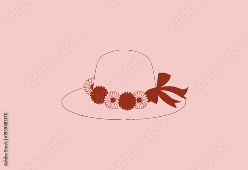 Elegant white sun hat adorned with vibrant red and white daisy flowers and a matching red ribbon, set against a soft pastel pink background