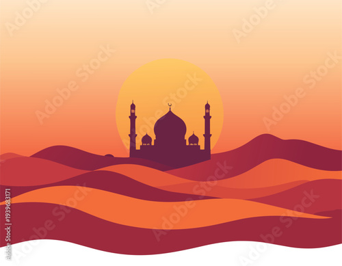 Vector illustration of a sunset desert landscape featuring the silhouette of a camel trekking past orange mountains and sand hills under a summer sky