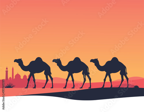 A sunset silhouette of a camel caravan traveling across the orange Sahara desert dunes in an Egyptian safari landscape vector illustration