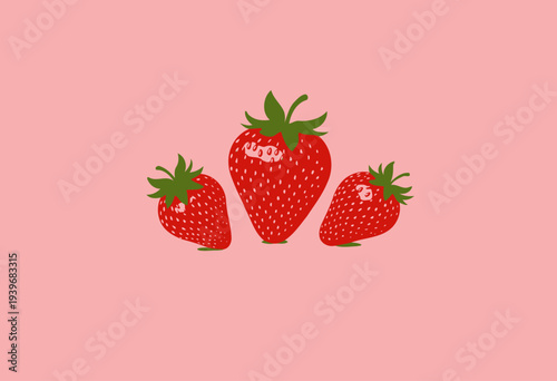 Illustration of Three Red Strawberries with Green Leaves on a Pink Background Emphasizing Freshness and Vibrant Colors of the Ripe Fruit Standing Out in Detail