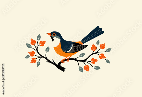 Colorful Illustration of a Bird Perched on a Branch Adorned with Orange Blossoms and Green Leaves on a Neutral Background
