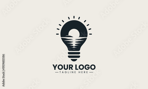 sunset over water forming light bulb shape represents creative energy brand identity concept in modern minimalist vector logo illustration isolated on white background