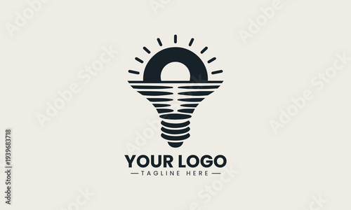sunset over water forming light bulb shape represents creative energy brand identity concept in modern minimalist vector logo illustration isolated on white background