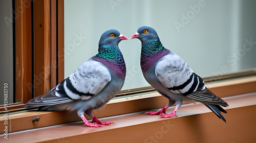 pair of pigeons flirting on the windowsill