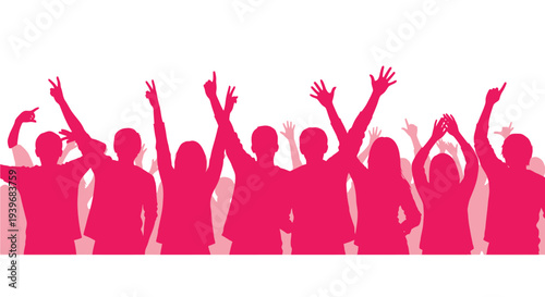 Vibrant magenta silhouette vector graphic illustration of a cheering crowd celebrating success or music event