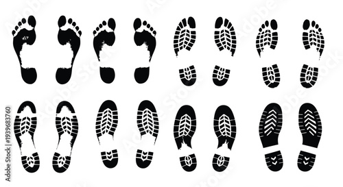 Collection of black vector footprints and boot sole impressions showing different walking patterns