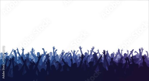 Vector graphic illustration shows a large audience silhouette cheering with hands raised at an event