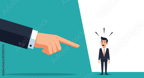 Large authoritative hand pointing a finger at a shocked businessman in a vector illustration depicting accusation or dismissal.