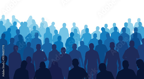 Blue gradient vector illustration showcasing a diverse crowd of human silhouettes representing community and population density.