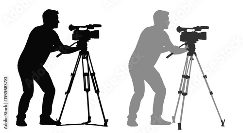 Professional videographer operating a camera on a tripod, presented as a clear vector graphic illustration.