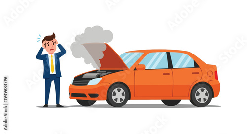 Stressed businessman discovers his overheating orange sedan vehicle engine smoking heavily on the road