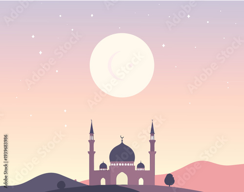 Silhouette of a Taj Mahal style mosque building with a dome and minaret at night, featuring Indian architecture and Arabic culture in an Agra city travel illustration vector