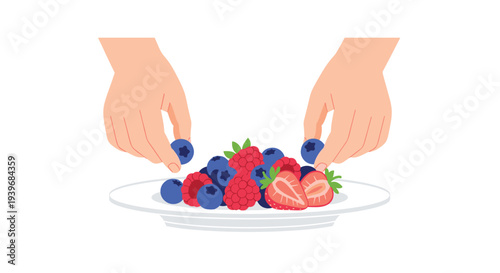 Two hands are carefully placing fresh blueberries onto a white plate already filled with a colorful assortment of mixed berries on a white background.