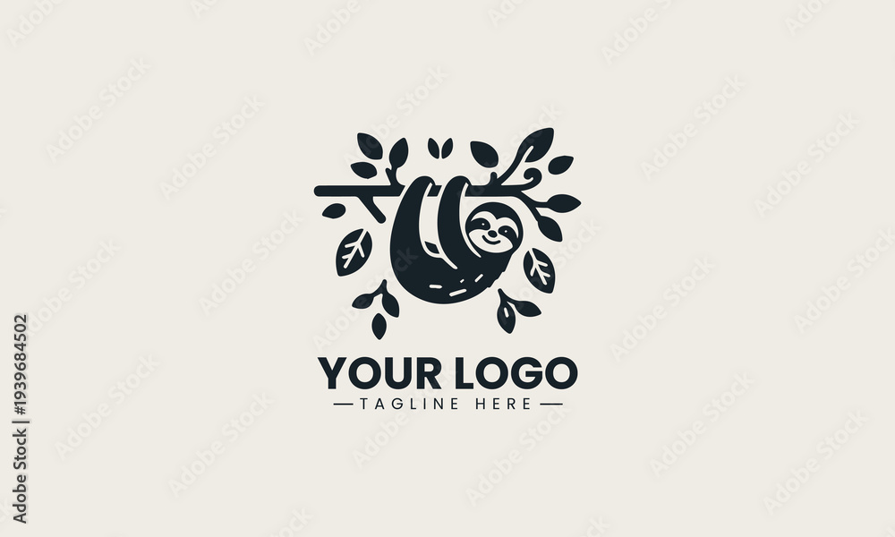 Fototapeta premium Black sloth hanging on tree branch represents relaxed lifestyle brand identity concept in clean minimalist vector logo design isolated on white background