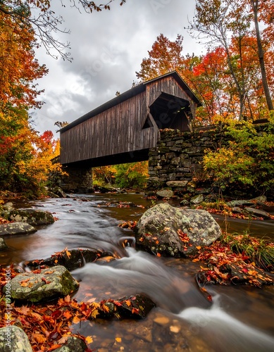 A classic, old covered bridge spans a rushing stream. Trees in vivid fall colors surround it under a cloudy sky