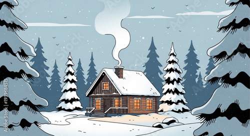 Cozy Snow-Covered Cabin in Winter Forest Scene.