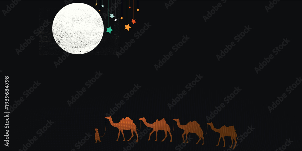 Obraz premium Ramadan Kareem background with camel caravan walking under the full moon and hanging stars in flat design style.