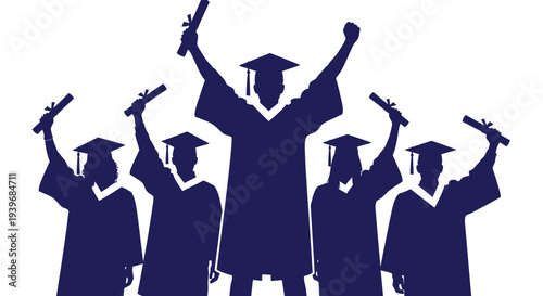 Group of diverse graduating students celebrating academic achievement and success with diplomas in vector graphic illustration.