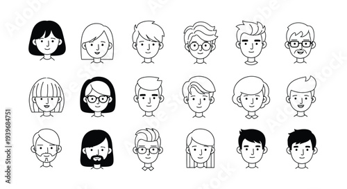 Modern vector illustration graphic with diverse minimalist outline smiling human face avatars.