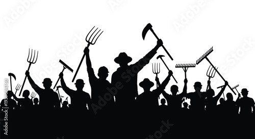 Silhouette graphic illustration depicts a massive crowd of farmers raising agricultural tools demanding change