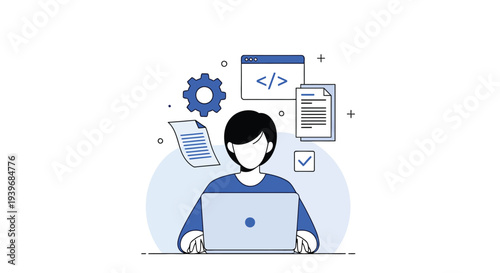 Vector illustration of a developer actively working on a laptop surrounded by digital coding and project elements