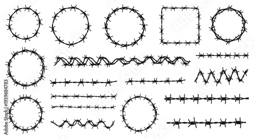 Barbed wire vector graphic illustration set of frames, borders, and isolated line elements design.