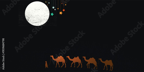 Ramadan Kareem background with camel caravan walking under the full moon and hanging stars in flat design style.