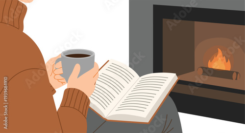 A person in a brown knitted sweater holds an open book and a grey mug while relaxing by a crackling fireplace with glowing logs.