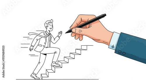 Vector graphic showing a motivated businessman climbing hand-drawn stairs representing professional career advancement