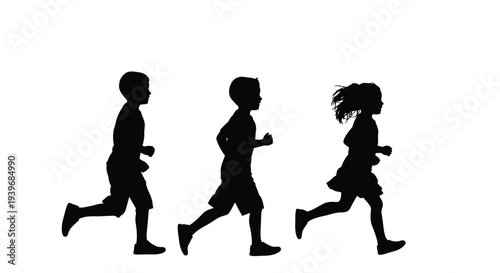 Vector illustration graphic showing a group of diverse young children running playfully together in a race.