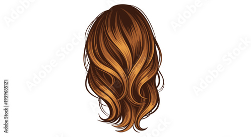A single, full head of medium-length wavy brown hair with blonde highlights is styled from the back against a plain white background.