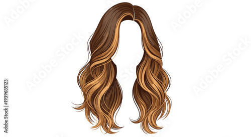 A single, full head of long, wavy brown hair with blonde highlights and a middle part is symmetrically displayed against a pure white background.