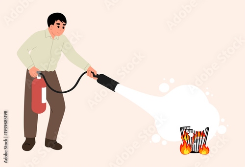 a man putting out fire with a fire extinguisher