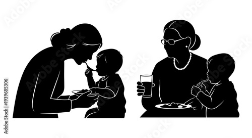 Black and white vector silhouette illustrations depicting two scenes of mothers or caregivers feeding babies and toddlers, showcasing early childhood nutrition and family mealtime.