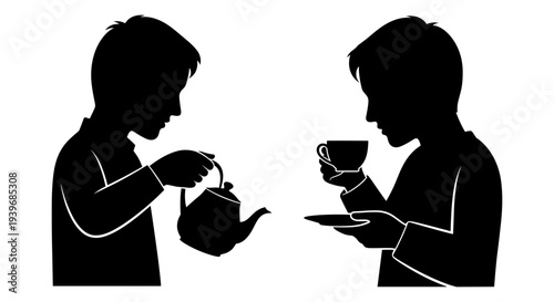 Black silhouette vector illustration of two people, one pouring tea from a teapot and the other holding a teacup and saucer, isolated on a white background