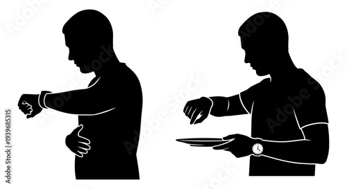 Black silhouette vector illustration of a man checking his watch, depicting concepts of time management, hunger, and waiting, ideal for business, lifestyle, or health-related designs.
