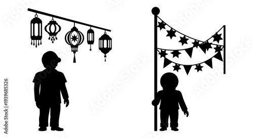 Set of 2 Black Silhouette Vector Illustrations: Child with Hanging Lanterns and Child Holding Flagpole with Bunting for Celebration Designs