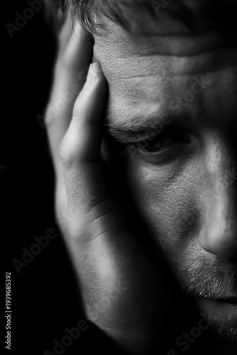 Black and white close portrait of distressed man holding his head, powerful stress concept ideal for mental health campaigns, depression articles, burnout awareness or therapy websites