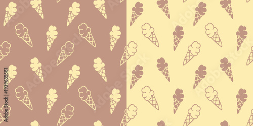 Seamless monochrome pattern with hand drawn ice cream doodles in cute kid's style. Sweet dessert background for wrapping paper, textile, wallpaper and children's products.